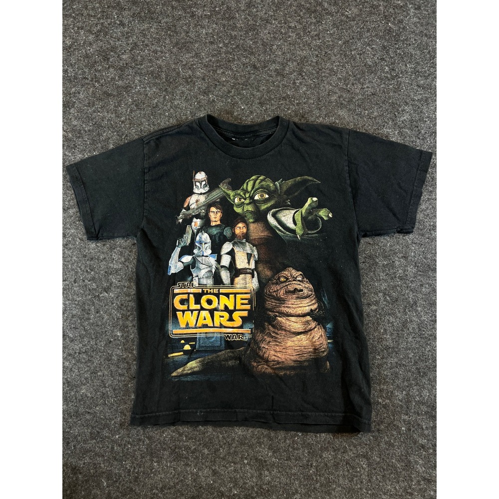 Vintage 90s Star Wars The Clone Wars T Shirt Kids Black Yoda Anakin Jabba Large